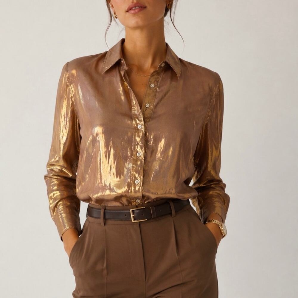 The Shirt by Rochelle Behrens Metallic Bronze Button-Up Blouse
